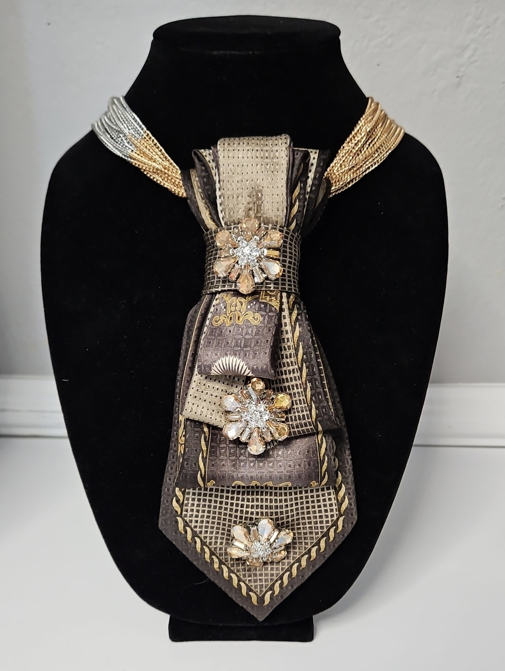 Giorgio Cosani Upcycled Brown Silk Necktie Necklace in Gold and Silver Tones